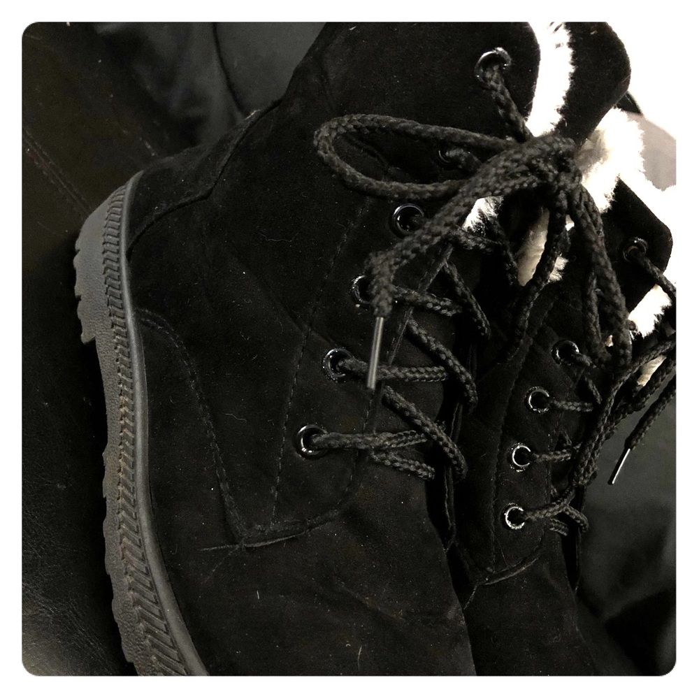 Black suede flat platform lace up boots